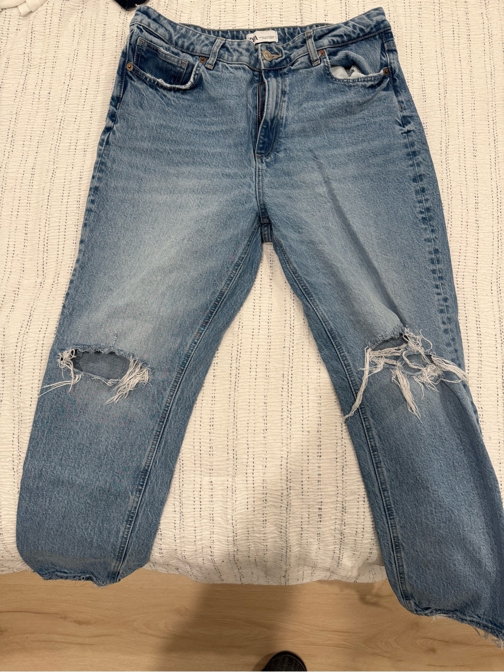 Zara Light Blue Distressed Straight Leg Jeans